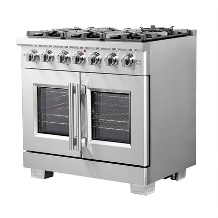 Forno Capriasca 36-Inch Freestanding French Door Gas Range, 6 Burners, Convection Oven, Energy Efficient FORNO