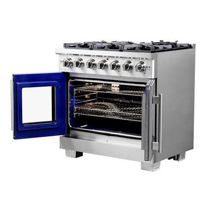 Forno Capriasca 36-Inch Freestanding French Door Gas Range, 6 Burners, Convection Oven, Energy Efficient FORNO