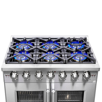 Forno Capriasca 36-Inch Freestanding French Door Gas Range, 6 Burners, Convection Oven, Energy Efficient FORNO