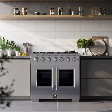 Forno Capriasca 36-Inch Freestanding French Door Gas Range, 6 Burners, Convection Oven, Energy Efficient FORNO