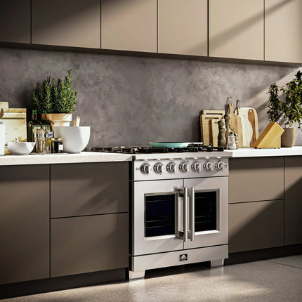 Forno Capriasca 36-Inch Freestanding French Door Gas Range, 6 Burners, Convection Oven, Energy Efficient FORNO
