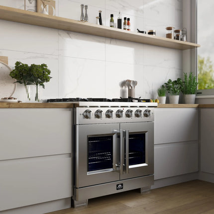 Forno Capriasca 36-Inch Freestanding French Door Gas Range, 6 Burners, Convection Oven, Energy Efficient FORNO