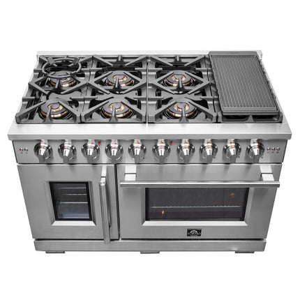 Forno Capriasca 48-Inch Freestanding French Door Gas Range, 8 Burners, Convection Oven, Energy Efficient FORNO