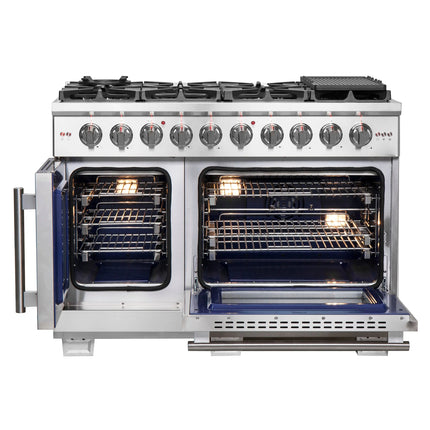 Forno Capriasca 48-Inch Freestanding French Door Gas Range, 8 Burners, Convection Oven, Energy Efficient FORNO