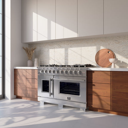 Forno Capriasca 48-Inch Freestanding French Door Gas Range, 8 Burners, Convection Oven, Energy Efficient FORNO
