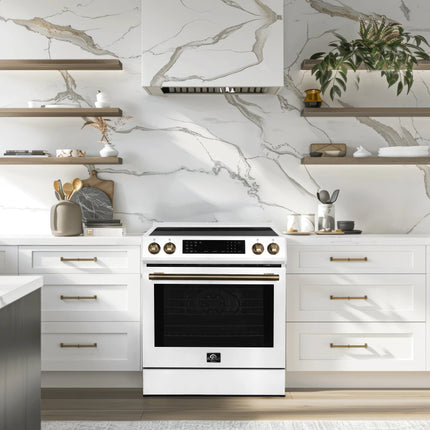 Forno Donatello Espresso 30-Inch Slide-In White Induction Range, Convection Oven, 5 Cooking Zones, Touch Control Panel FORNO