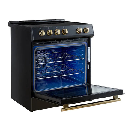 Forno Leonardo Espresso 30-Inch Slide-In Black Induction Range, Convection Oven, 5 Cooking Zones, Touch Control Panel FORNO