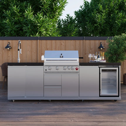 FORNO Bulnes 30-Inch BBQ, 60,000 BTU, 3 Burners with Sear & Rotisserie Infrared Burners, Stainless Steel Outdoor Kitchen with 1.8 cu.ft. Beverage Center & Black Granite Countertops FORNO