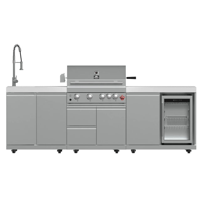 FORNO Bulnes 30-Inch BBQ, 60,000 BTU, 3 Burners with Sear & Rotisserie Infrared Burners, Stainless Steel Outdoor Kitchen with 1.8 cu.ft. Beverage Center & White Sintered Stone Countertops FORNO