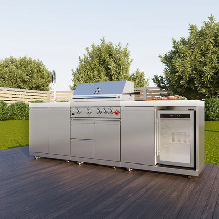 FORNO Bulnes 30-Inch BBQ, 60,000 BTU, 3 Burners with Sear & Rotisserie Infrared Burners, Stainless Steel Outdoor Kitchen with 1.8 cu.ft. Beverage Center & White Sintered Stone Countertops FORNO