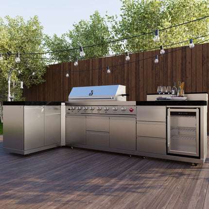 FORNO Bulnes 40-Inch BBQ, 95,000 BTU, 5 Burners, Sear & Rotisserie Infrared with Side Burner, Stainless Steel Outdoor Kitchen with 1.8 cu.ft. Beverage Center & Black Granite Countertops FORNO