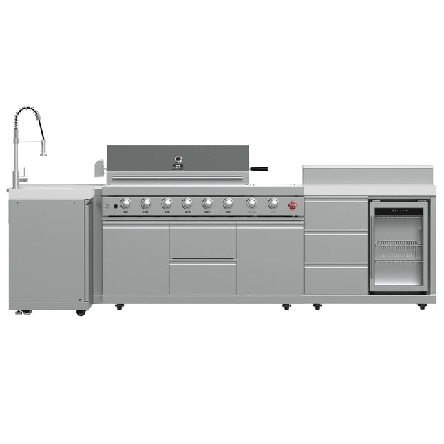 FORNO Bulnes 40-Inch BBQ, 95,000 BTU, 5 Burners, Sear & Rotisserie Infrared with Side Burner, Stainless Steel Outdoor Kitchen with 1.8 cu.ft. Beverage Center & White Sintered Stone Countertops FORNO