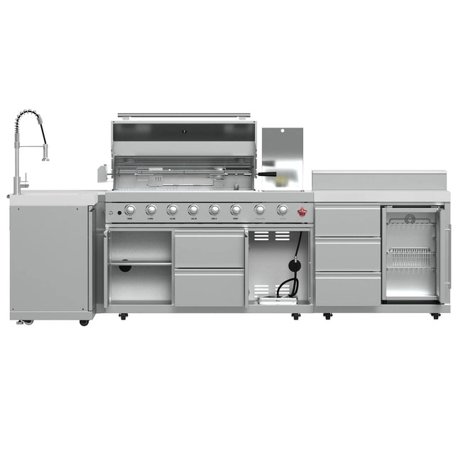 FORNO Bulnes 40-Inch BBQ, 95,000 BTU, 5 Burners, Sear & Rotisserie Infrared with Side Burner, Stainless Steel Outdoor Kitchen with 1.8 cu.ft. Beverage Center & White Sintered Stone Countertops FORNO