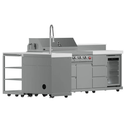 FORNO Bulnes 40-Inch BBQ, 95,000 BTU, 5 Burners, Sear & Rotisserie Infrared with Side Burner, Stainless Steel Outdoor Kitchen with 1.8 cu.ft. Beverage Center & White Sintered Stone Countertops FORNO