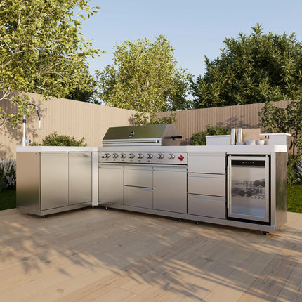 FORNO Bulnes 40-Inch BBQ, 95,000 BTU, 5 Burners, Sear & Rotisserie Infrared with Side Burner, Stainless Steel Outdoor Kitchen with 1.8 cu.ft. Beverage Center & White Sintered Stone Countertops FORNO