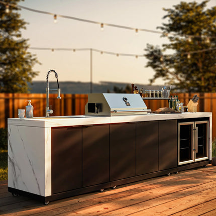 Forno Rimini Outdoor Kitchen: 30" BBQ 62,600 BTU, 4.8 cu.ft. Refrigerators, White Countertops FORNO