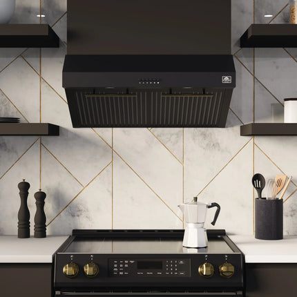 FORNO Premium 3-Piece Kitchen Bundle - Leonardo Espresso 30" Black Range, 30" Black Range Hood, 31" Black Bottom Freezer Refrigerator - FBDL-001-02US FORNO
