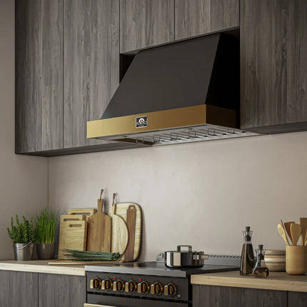 Forno Vittorio 36-Inch Wall Mount Range Hood, Black with Antique Brass Trim, 600 CFM Airflow, Dishwasher-Safe Baffle Filters, Remote Control, 3-Speed Fan, Bright LED Lighting. FORNO