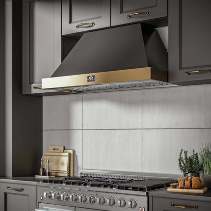 Forno Vittorio 48-Inch Wall Mount Range Hood, Black with Antique Brass Trim, 600 CFM Airflow, Dishwasher-Safe Baffle Filters, Remote Control, 3-Speed Fan, Bright LED Lighting. FORNO