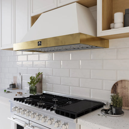 Forno Vittorio 48-Inch Wall Mount Range Hood, White with Antique Brass Trim, 424 CFM Airflow, Dishwasher-Safe Baffle Filters, Remote Control, 3-Speed Fan, Bright LED Lighting FORNO