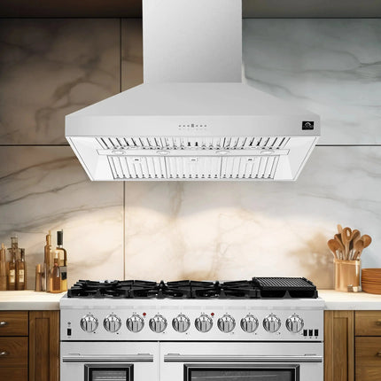 FORNO Premium 3-Piece Kitchen Bundle - FORNO Capriasca 48" Freestanding Gas Range, FORNO Maderno 60" 2-Piece Convertible Refrigerator/Freezer Built-In with Decorative Grill Trim, 27.2 cu.ft., FORNO Orvieto 48" Wall Mount Range Hood - FBDL-019-07CAUS Forno vendors US