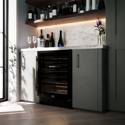 Forno Bacchino 24 Inch Wine Cooler, Black with Antique Brass Handles, with LED Lighting, Triple Glass Door, 51 Bottle Capacity, Built-In or Freestanding FORNO