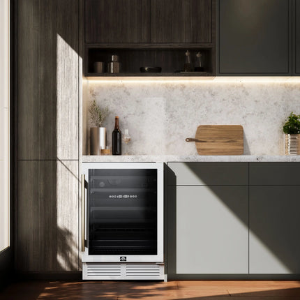 Forno Bacchino 24 Inch Wine Cooler, White with Antique Brass Handles, with LED Lighting, Triple Glass Door, 51 Bottle Capacity, Built-In or Freestanding FORNO