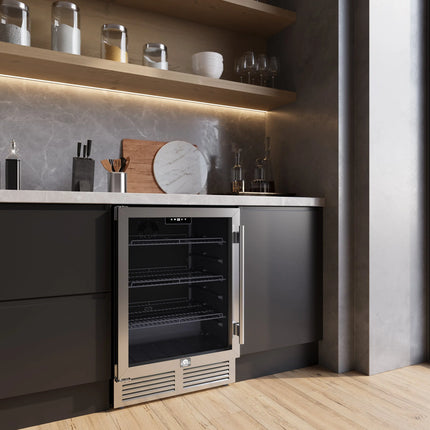 Forno Frescolino 24 Inch Beverage Cooler, Stainless Steel, with LED Lighting, Triple Glass Door, 188 Can Capacity, Built-In or Freestanding FORNO