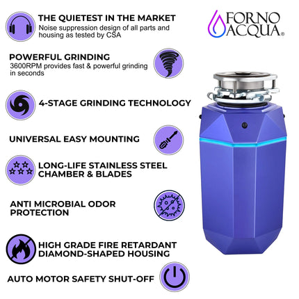 FORNO ACQUA BrightDIAMOND Amethyst 3/4HP Super Quiet Garbage Disposal Corded with Motion Sensor Cabinet Light & Pre-Wired Air Switch FORNO ACQUA