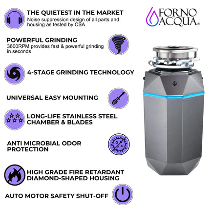 FORNO ACQUA BrightDIAMOND Black Onyx 1HP Super Quiet Garbage Disposal Corded with Motion Sensor Cabinet Light & Pre-Wired Air Switch FORNO ACQUA
