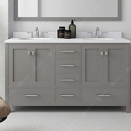 VHG GD-50060-DWQRO-GR-NM Caroline Avenue 60" Double Bath Vanity in Gray with White Quartz Top and Round Sinks