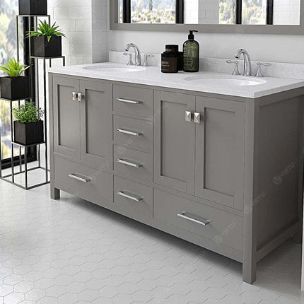 VHG GD-50060-DWQRO-GR-NM Caroline Avenue 60" Double Bath Vanity in Gray with White Quartz Top and Round Sinks