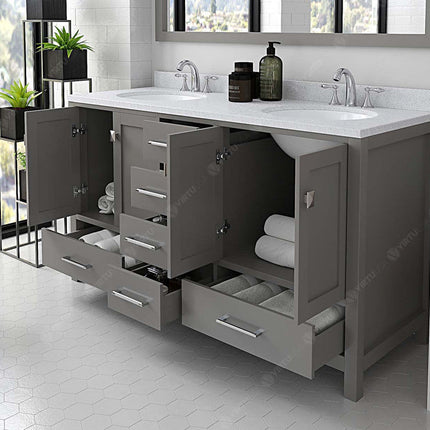 VHG GD-50060-DWQRO-GR-NM Caroline Avenue 60" Double Bath Vanity in Gray with White Quartz Top and Round Sinks