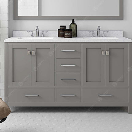 VHG GD-50060-DWQSQ-GR-NM Caroline Avenue 60" Double Bath Vanity in Gray with White Quartz Top and Square Sinks