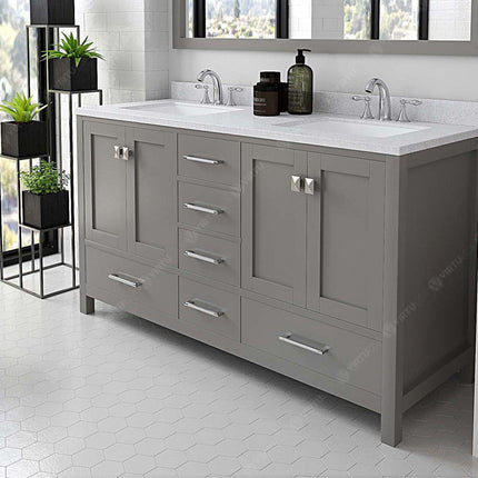 VHG GD-50060-DWQSQ-GR-NM Caroline Avenue 60" Double Bath Vanity in Gray with White Quartz Top and Square Sinks