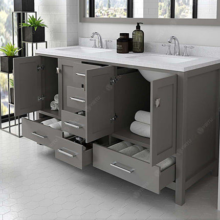 VHG GD-50060-DWQSQ-GR-NM Caroline Avenue 60" Double Bath Vanity in Gray with White Quartz Top and Square Sinks