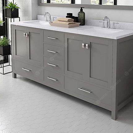 VHG GD-50072-DWQSQ-GR-NM Caroline Avenue 72" Double Bath Vanity in Gray with White Quartz Top and Square Sinks