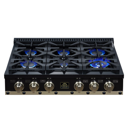 Valente 36" Gas Cooktop in Black, 6 Sealed burners, 71,000 BUT Output, 1 Antique Brass Dual-Ring Burner, Continuous Cast Iron Grates FORNO