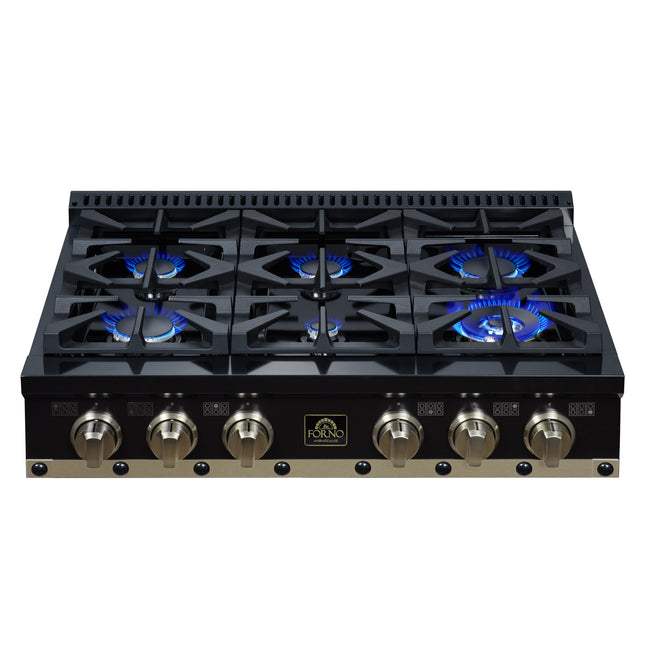 Valente 36" Gas Cooktop in Black, 6 Sealed burners, 71,000 BUT Output, 1 Antique Brass Dual-Ring Burner, Continuous Cast Iron Grates FORNO
