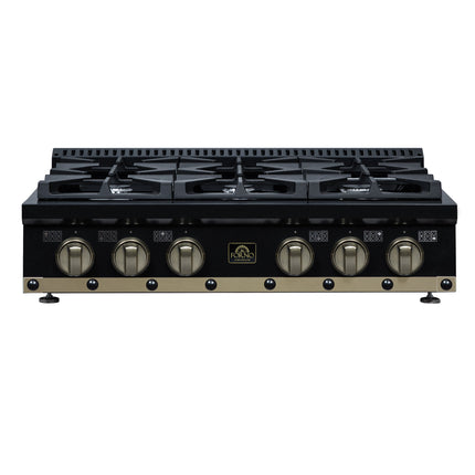 Valente 36" Gas Cooktop in Black, 6 Sealed burners, 71,000 BUT Output, 1 Antique Brass Dual-Ring Burner, Continuous Cast Iron Grates FORNO