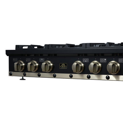 Valente 36" Gas Cooktop in Black, 6 Sealed burners, 71,000 BUT Output, 1 Antique Brass Dual-Ring Burner, Continuous Cast Iron Grates FORNO