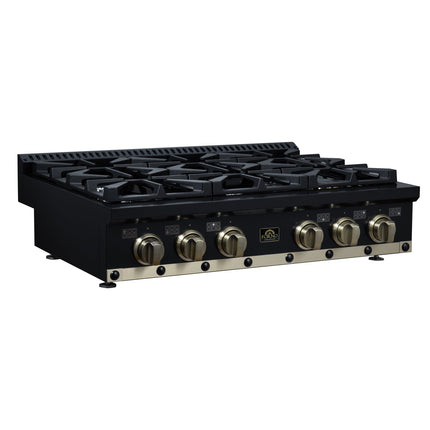 Valente 36" Gas Cooktop in Black, 6 Sealed burners, 71,000 BUT Output, 1 Antique Brass Dual-Ring Burner, Continuous Cast Iron Grates FORNO