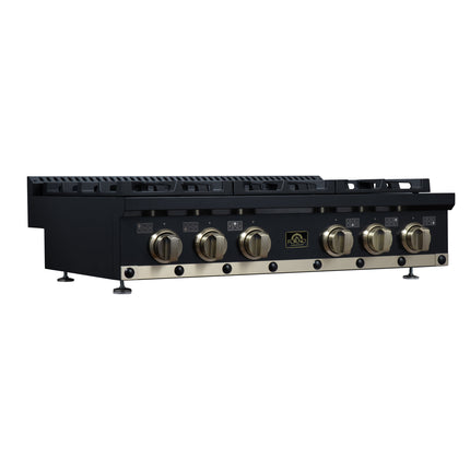 Valente 36" Gas Cooktop in Black, 6 Sealed burners, 71,000 BUT Output, 1 Antique Brass Dual-Ring Burner, Continuous Cast Iron Grates FORNO