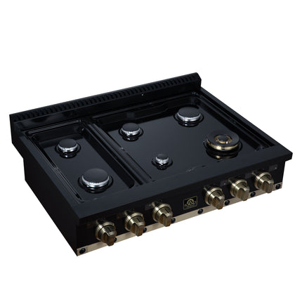 Valente 36" Gas Cooktop in Black, 6 Sealed burners, 71,000 BUT Output, 1 Antique Brass Dual-Ring Burner, Continuous Cast Iron Grates FORNO