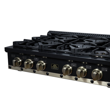 Valente 36" Gas Cooktop in Black, 6 Sealed burners, 71,000 BUT Output, 1 Antique Brass Dual-Ring Burner, Continuous Cast Iron Grates FORNO