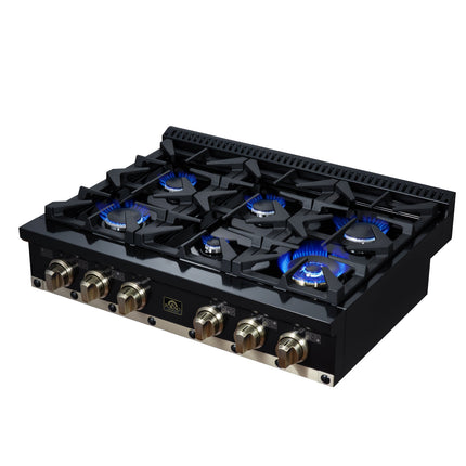Valente 36" Gas Cooktop in Black, 6 Sealed burners, 71,000 BUT Output, 1 Antique Brass Dual-Ring Burner, Continuous Cast Iron Grates FORNO