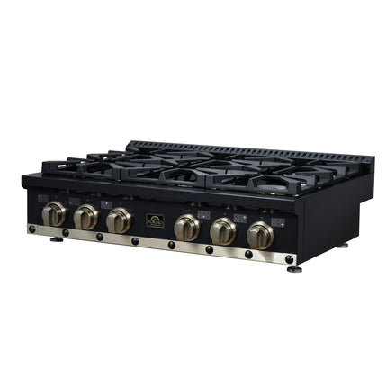 Valente 36" Gas Cooktop in Black, 6 Sealed burners, 71,000 BUT Output, 1 Antique Brass Dual-Ring Burner, Continuous Cast Iron Grates FORNO