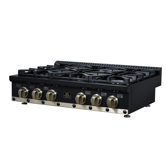 Valente 36" Gas Cooktop in Black, 6 Sealed burners, 71,000 BUT Output, 1 Antique Brass Dual-Ring Burner, Continuous Cast Iron Grates FORNO