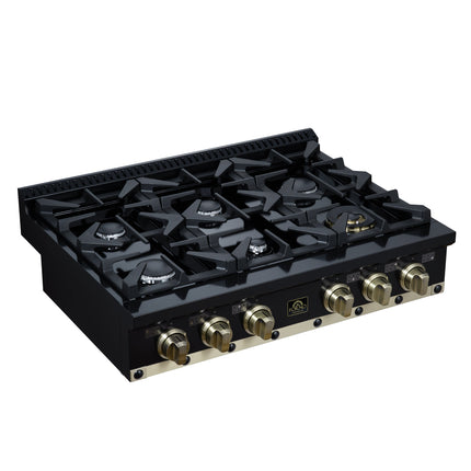 Valente 36" Gas Cooktop in Black, 6 Sealed burners, 71,000 BUT Output, 1 Antique Brass Dual-Ring Burner, Continuous Cast Iron Grates FORNO