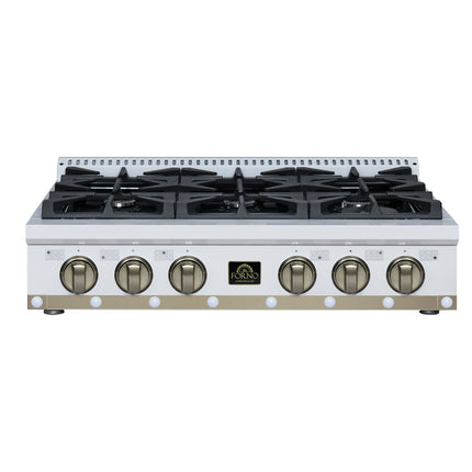 Valente 36" Gas Cooktop in White, 6 Sealed burners, 71,000 BUT Output, 1 Antique Brass Dual-Ring Burner, Continuous Cast Iron Grates FORNO